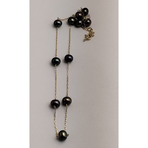 17" Solid 14k Yellow Gold Fancy Link Floating Cultured Pearl Necklace